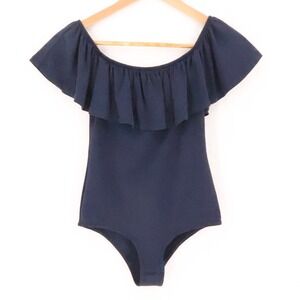 J Crew Off Shoulder Ruffle Bodysuit Womens Size‎ XS Navy Blue Stretch Preppy